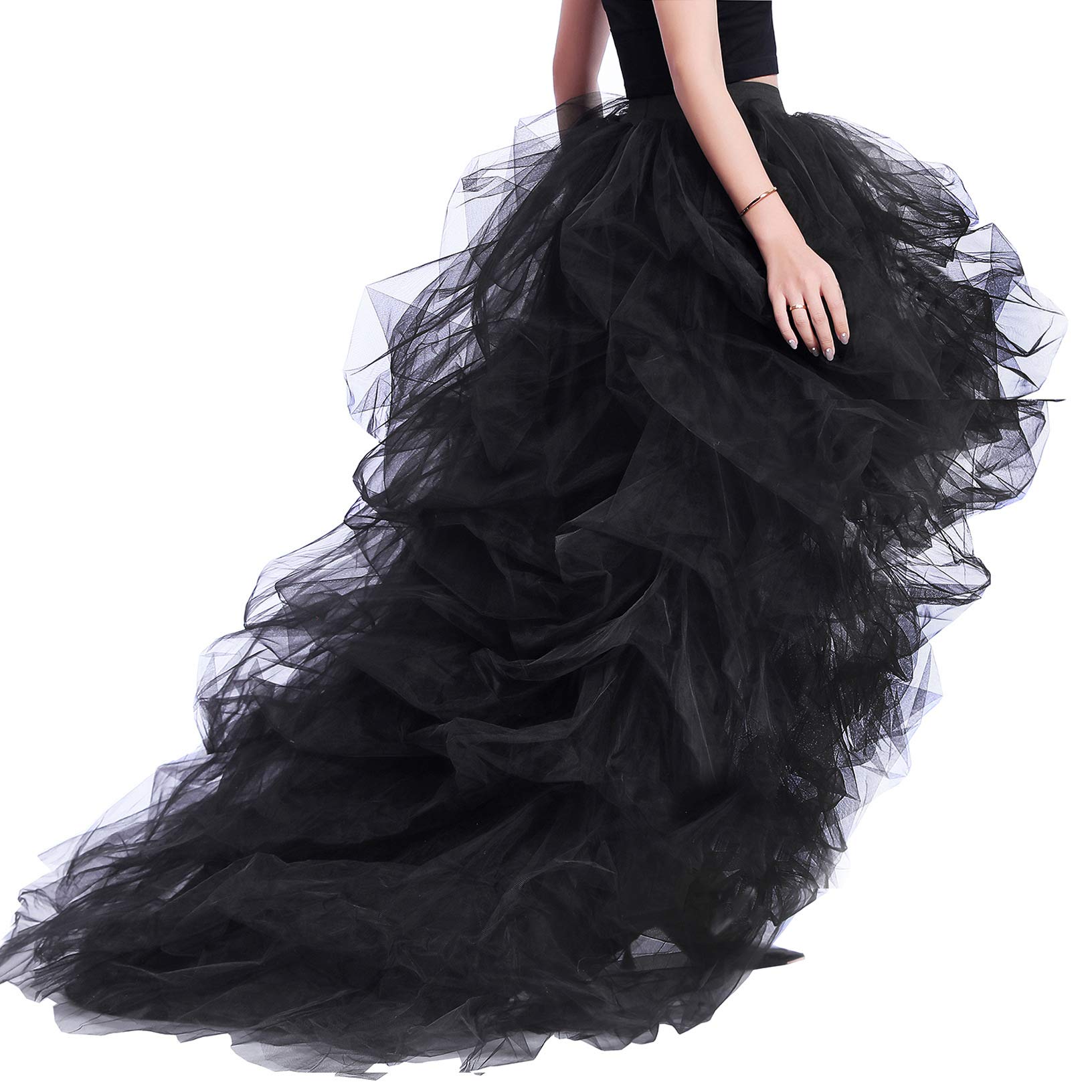 Lisong Women's Black Tulle Floor-Length Layered High-Low High Waist Party Skirt for Prom, Wedding, Evening Gala & Special Occasions