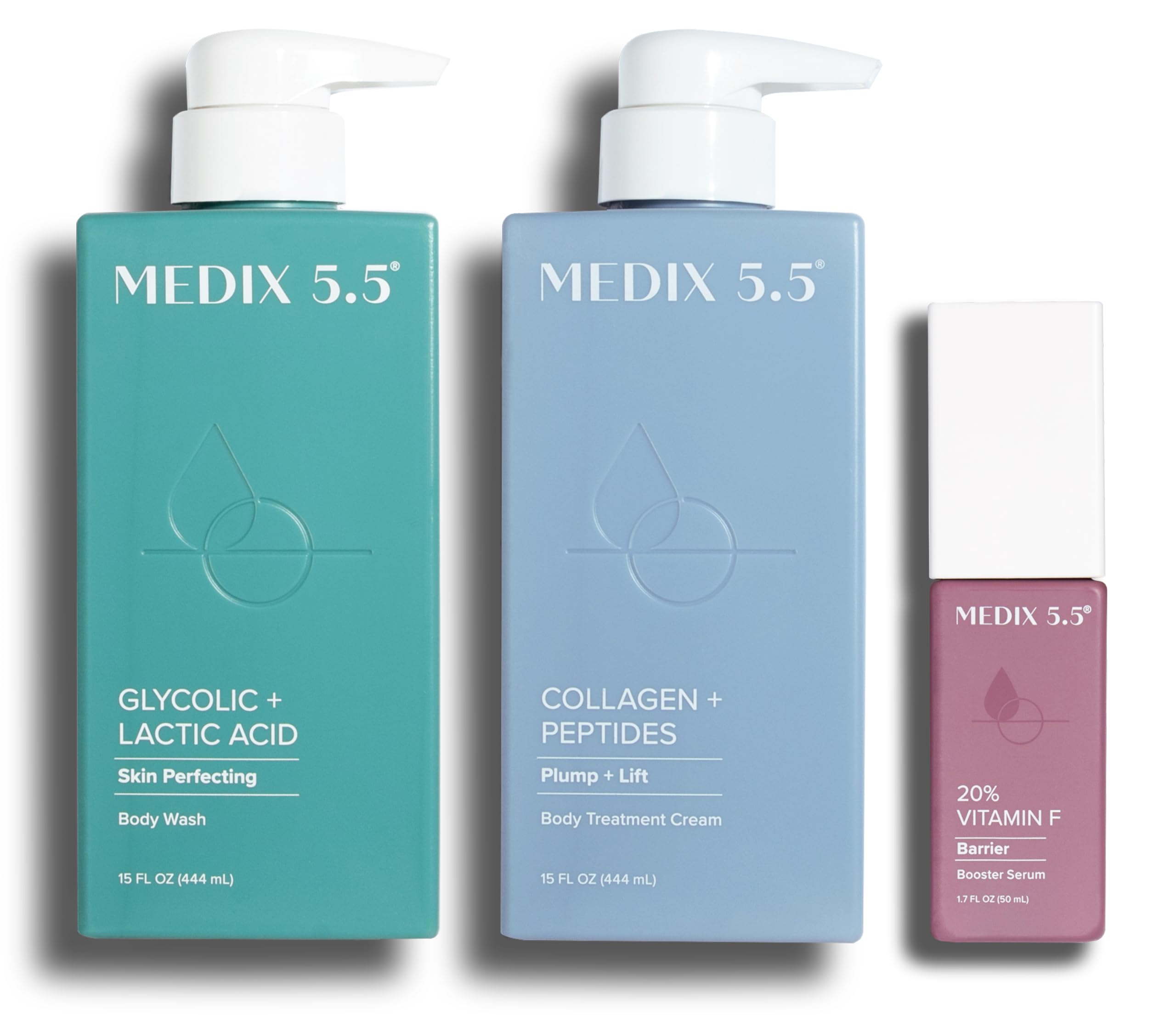 Medix 5.5% Glycolic Acid Exfoliating Body Wash with Collagen & Peptides Firming Cream + 20% Vitamin F Anti-Aging Serum Set | Smooth, Tighten & Rejuvenate Skin | Perfect for Dry Skin & Anti-Cellulite Care