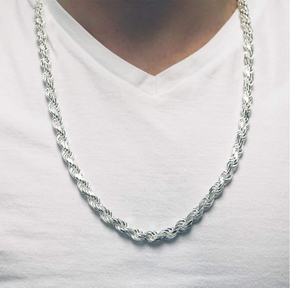 925 Sterling Silver Diamond Cut Rope Chain Necklace for Men - 5MM, 6MM, 7.5MM, 8.5MM Thickness Options | Italian Crafted Mens Jewelry | Perfect for Gifts, Weddings & Everyday Wear