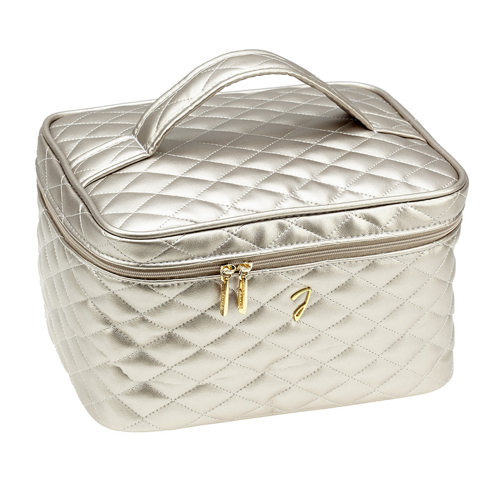 Large Quilted Metallic Train Case - Gold Makeup Organizer for Travel, Storage & Professional Use | Durable Cosmetic Case with Mirror for Women & Makeup Artists