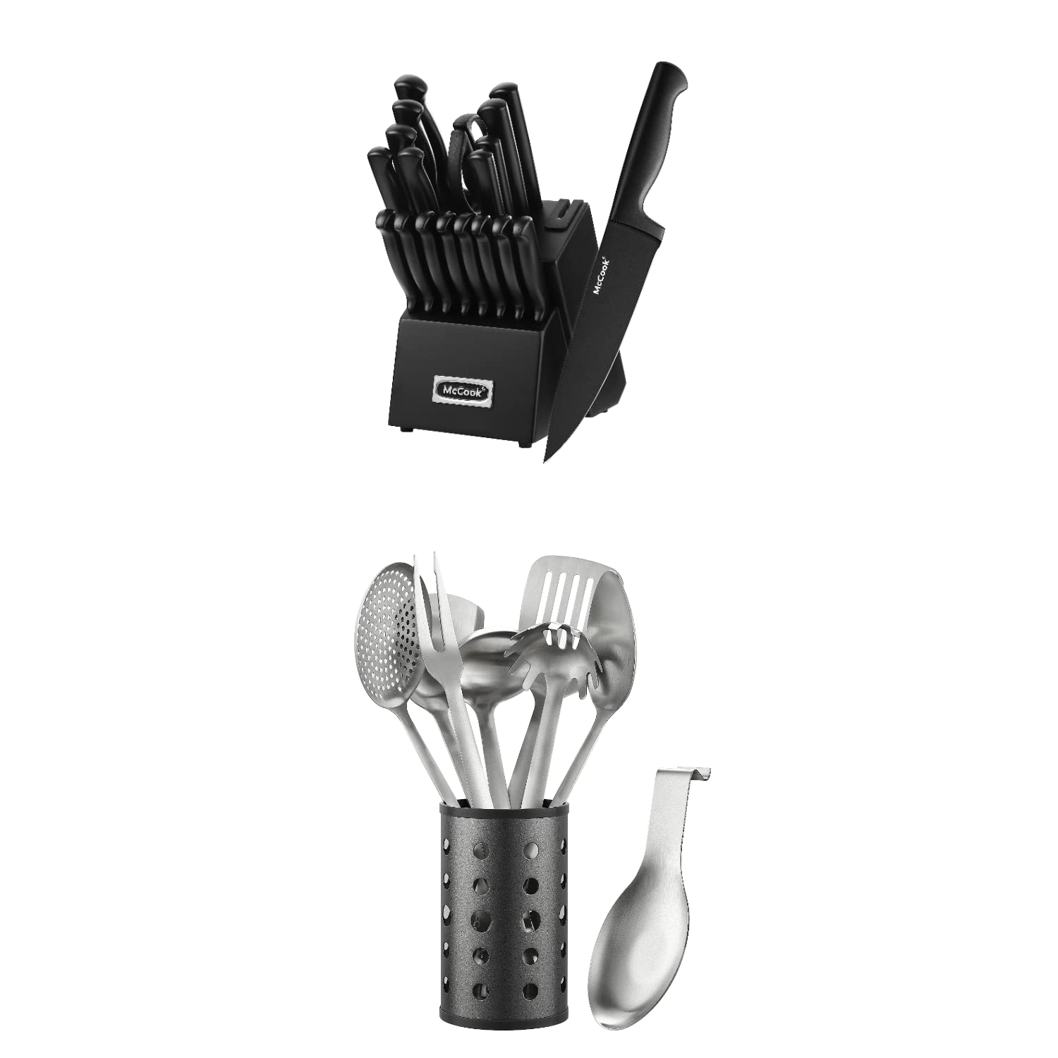 MC69C Black Knife Set - 20-Piece Kitchen Knives with McCook MC60 Stainless Steel Cooking Utensil Set | Professional Cutlery for Home Chefs & Cooking Enthusiasts | Perfect for Meal Prep, Slicing, Dicing & Everyday Cooking