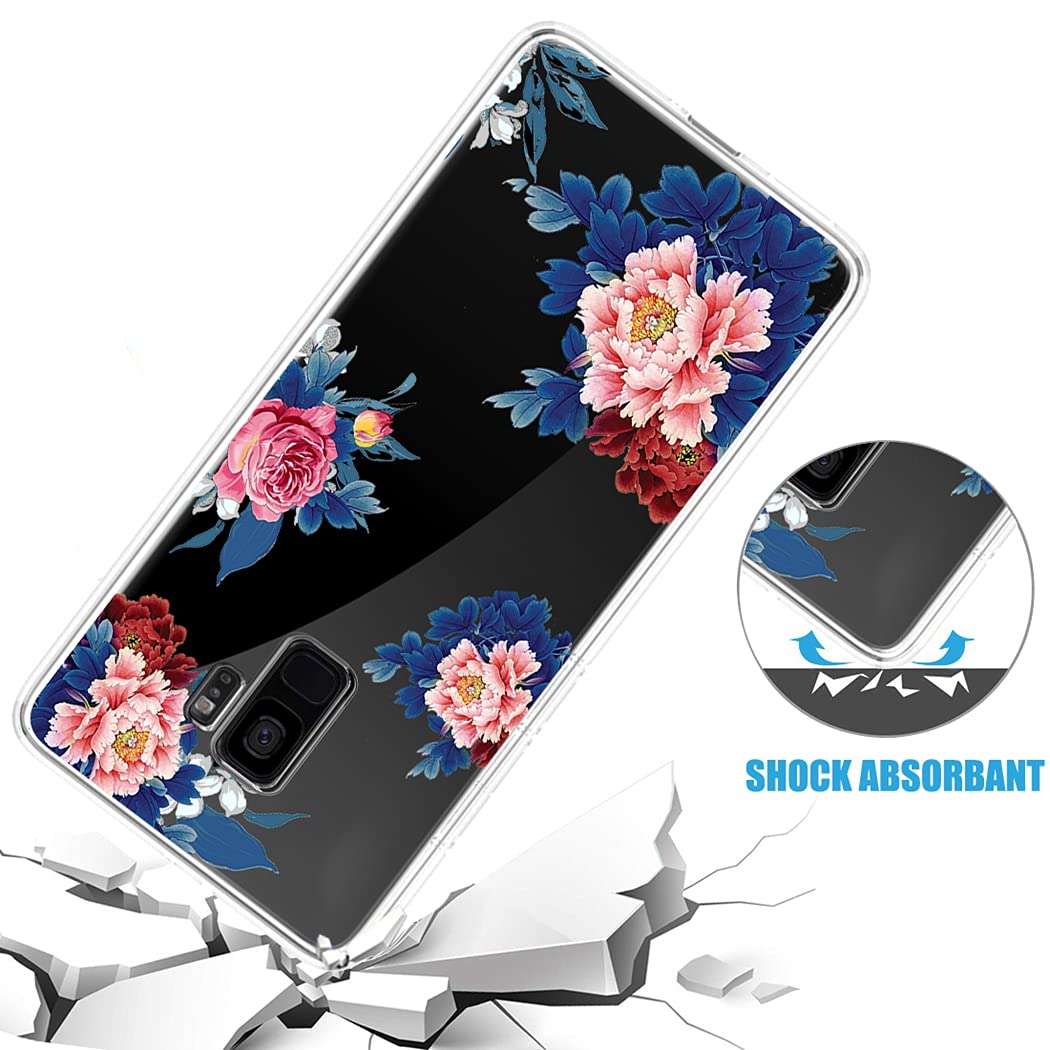 Samsung Galaxy S9 Phone Case for Women - Clear Slim Shockproof Flexible TPU Protective Cover with Blue Flower Design - Perfect for Everyday Use, Work & Travel
