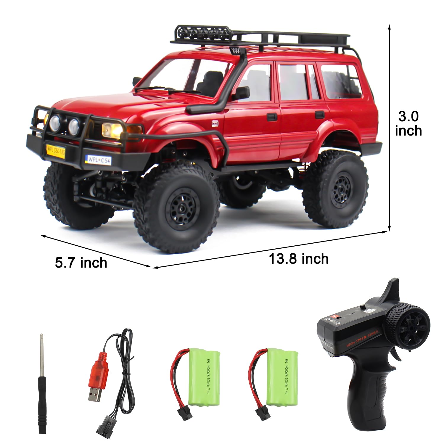 1/16 Scale WPL C54 RC Rock Crawler - 4x4 Off-Road Remote Control Truck with LED Lights & 2 Batteries | All Terrain RTR RC Car for Kids & Adults | Perfect for Backyard Crawling, Trail Adventures and Off-Road Racing