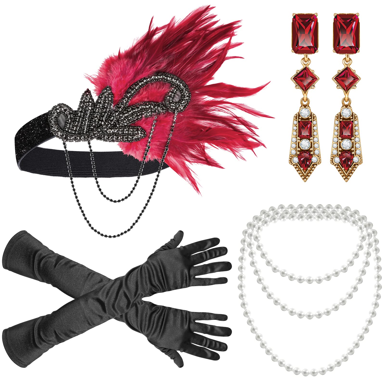Vintage 1920s Flapper Headband & Accessories Set for Women - Roaring 20s Gatsby Party Hairpiece in Red | Great for Costume Parties, Themed Events & Halloween Outfits