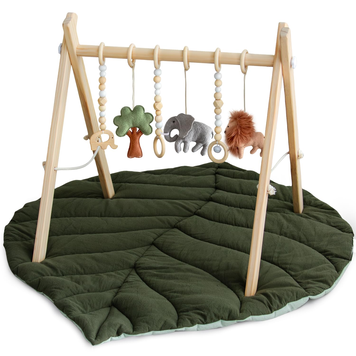 Razee Wooden Baby Play Gym Activity Mat - Leaf Shaped Play Mat with 6 Hanging Sensory Toys, Foldable Infant Gym for Newborns & Babies | Perfect for Tummy Time, Sensory Development & Playroom Decor