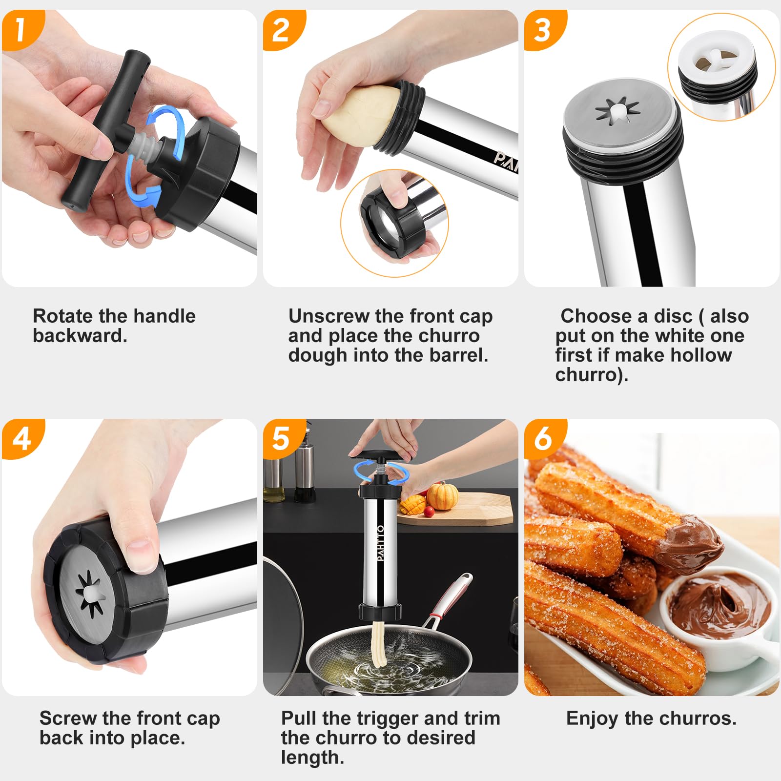 Stainless Steel Churro Maker Kit with 4 Nozzles, Piping Bag & Cleaning Brushes - Professional Churro Machine for Homemade Spanish Donuts - Perfect for Parties, Gifts & Family Baking Fun