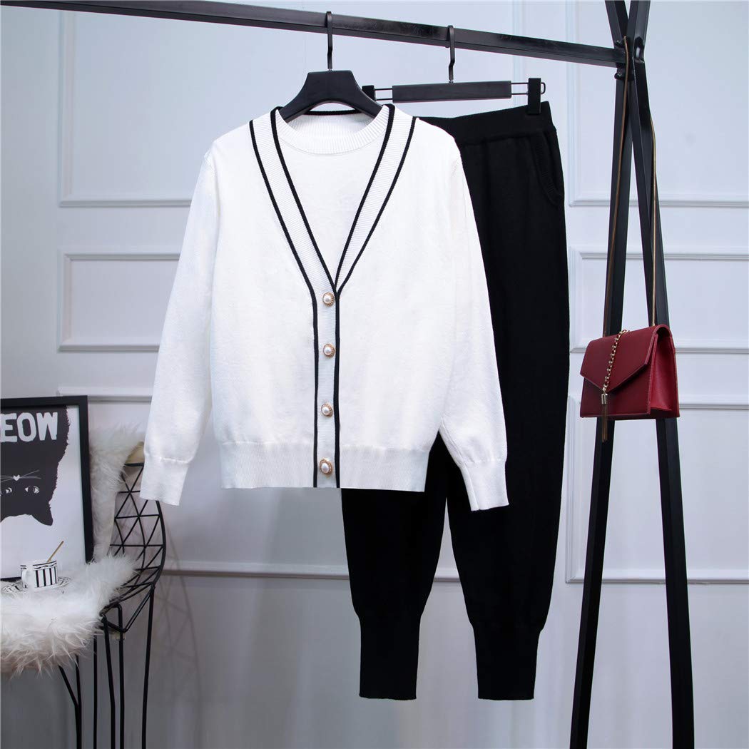 Winter Women's Fashion Pearl Button T-Shirt Patchwork Knitted Cardigan Coat Pants 3-Piece Outfit Set - Cozy Winter Wear for Office, Dating & Casual Outings