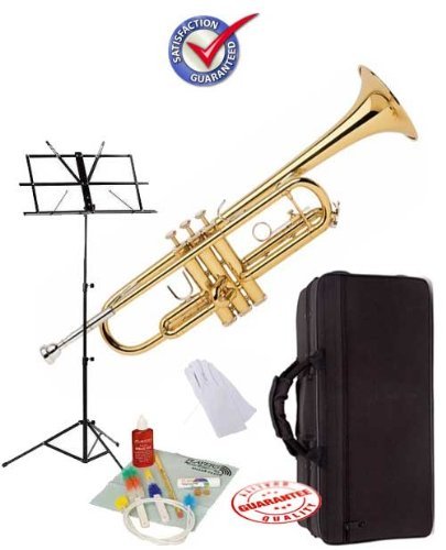 Professional Gold Bb Trumpet Student Package - Includes Hard Case, Music Stand & Cleaning Kit | Perfect for School Bands, Beginners & Music Practice | GoldTrump-Pack
