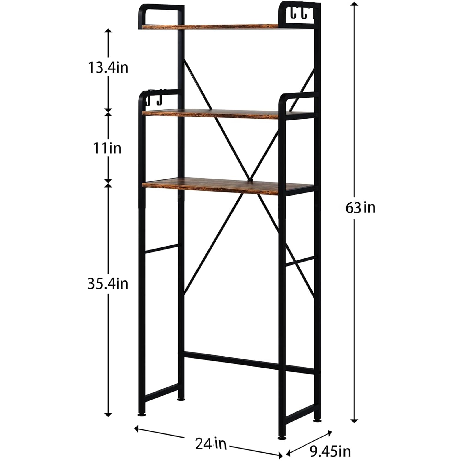 3-Tier Over The Toilet Storage Rack with Shelves & Hooks - Space Saving Bathroom Organizer for Towels, Toiletries & Decor (Rustic Brown) - Perfect for Small Bathrooms, Apartments & Powder Rooms