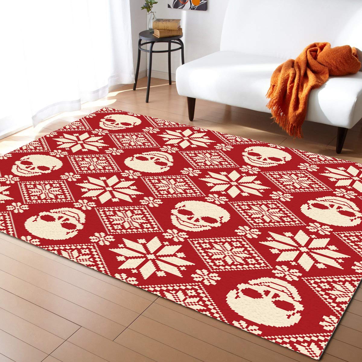 Nordic Style 5' x 7' Large Area Rug - Modern Skull & Floral Knit Design with Snowflakes, Soft Nursery Carpet for Kids Room, Non-Slip Kitchen Mat, Cozy Bedroom Floor Covering - Perfect for Living Room Decor, Nursery Play Area & Kitchen Safety