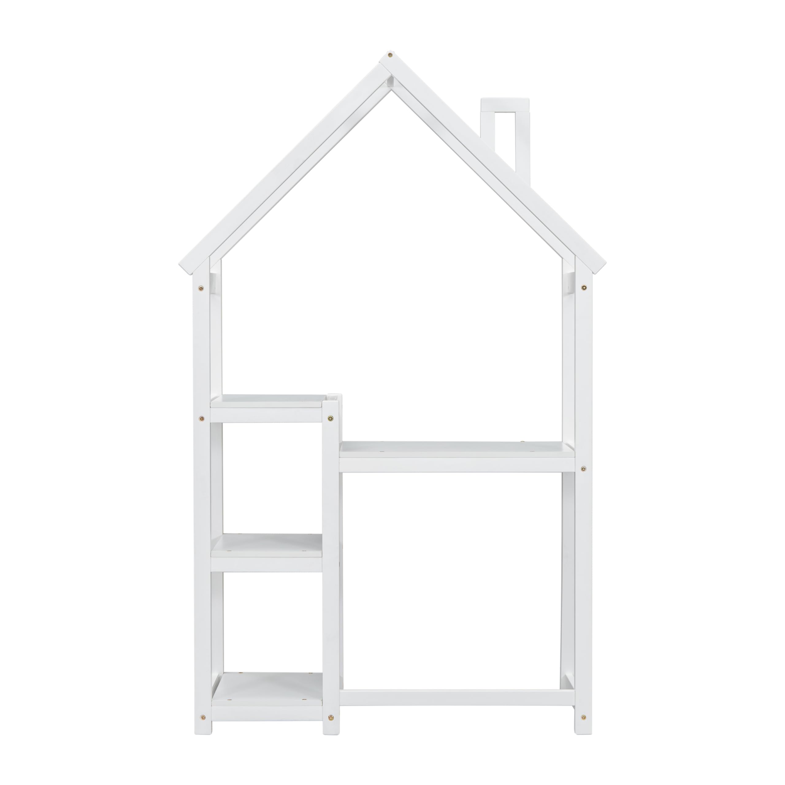Kids Wooden House-Shaped Writing Desk - Multi-Functional Study Table with 3-Tier Storage Shelves, Open Bookshelf & Toy Organizer - Perfect for Bedroom, Playroom & Homeschooling (White)
