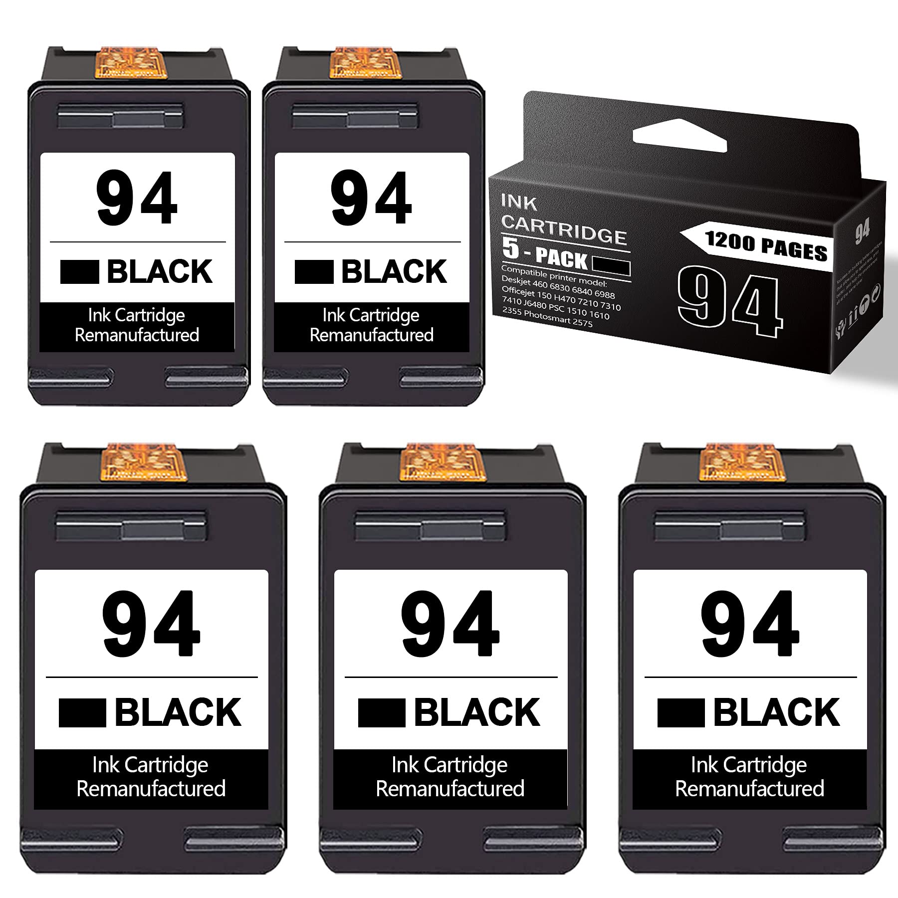 5-Pack Black Remanufactured Ink Cartridge Replacement for HP Deskjet 460, 6830, Officejet 150, H470, 7210, PSC 1510, 1610, Photosmart 2575 Printers | High-Quality & Cost-Effective | Perfect for Home, Office & School Printing Needs