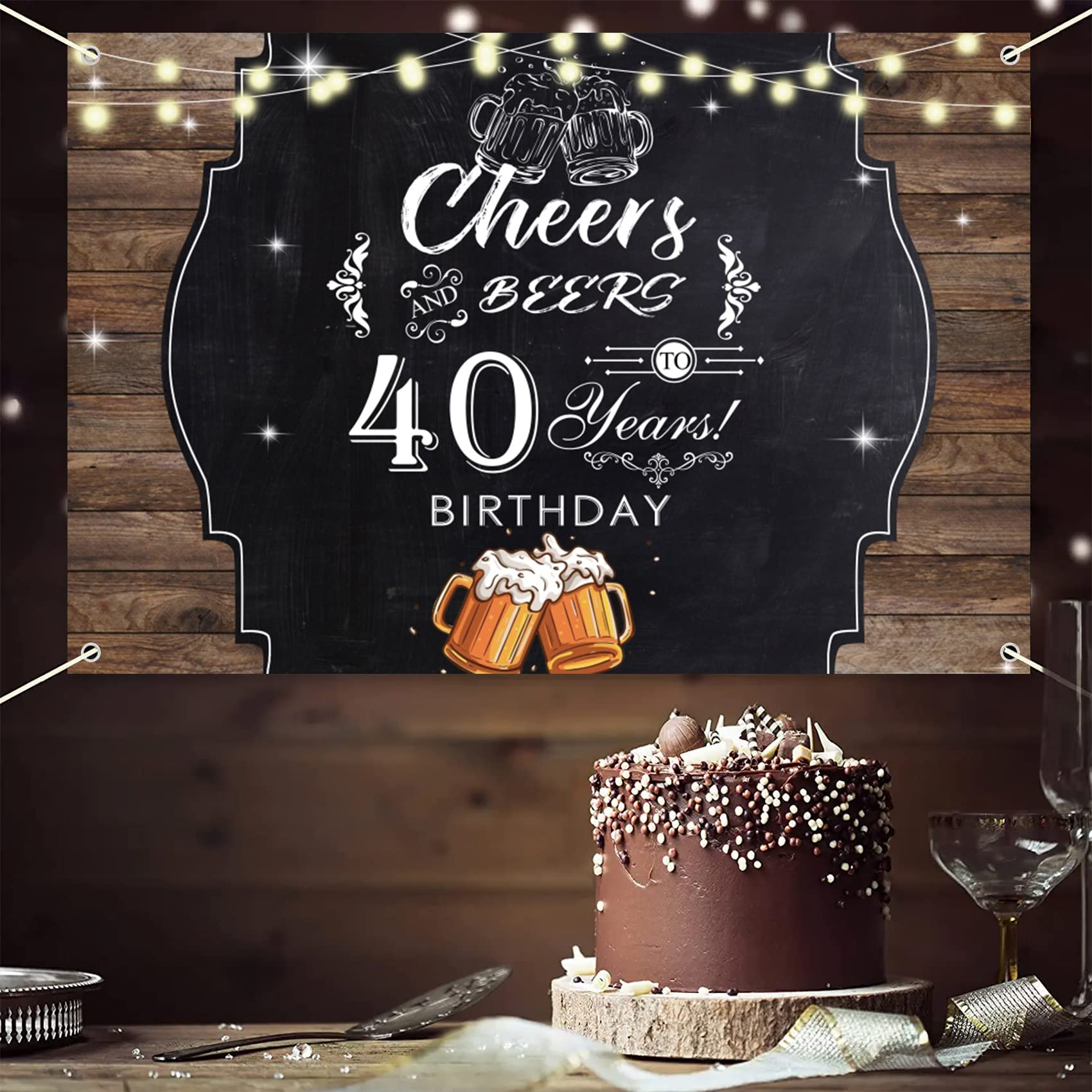 Happy 40th Birthday Banner - 6x3.6ft Polyester Cheers & Beers Wooden Sign for Men's Birthday Party Decorations & Backdrop - Perfect for Indoor/Outdoor Celebrations, Photo Booths & Milestone Events