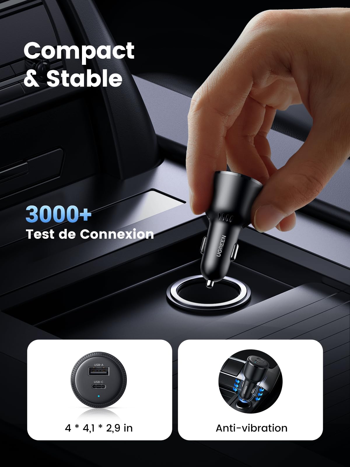 UGREEN 63W USB C Car Charger with 45W PPS & 30W PD QC 3.0 Fast Charging - Compatible with iPhone 16/15/14 Pro Max Plus, Galaxy S24/S23/S22 Ultra, MacBook, iPad Pro/Air/Mini - Perfect for Road Trips & Daily Commute