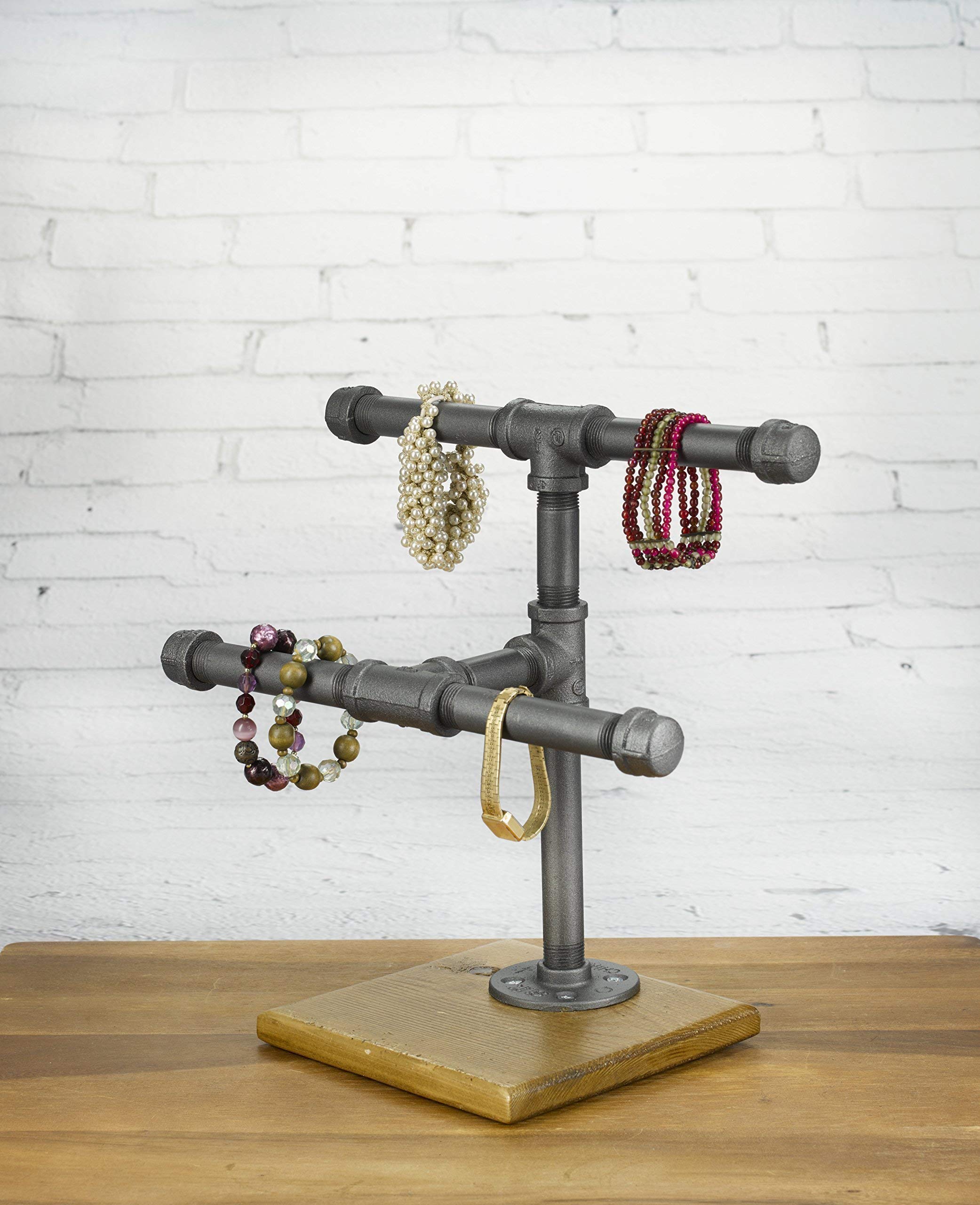 2-Tier Industrial Style Pipe Jewelry Display Rack - Rustic Metal Necklace & Ring Holder for Boutique, Craft Show & Home Decor Organization