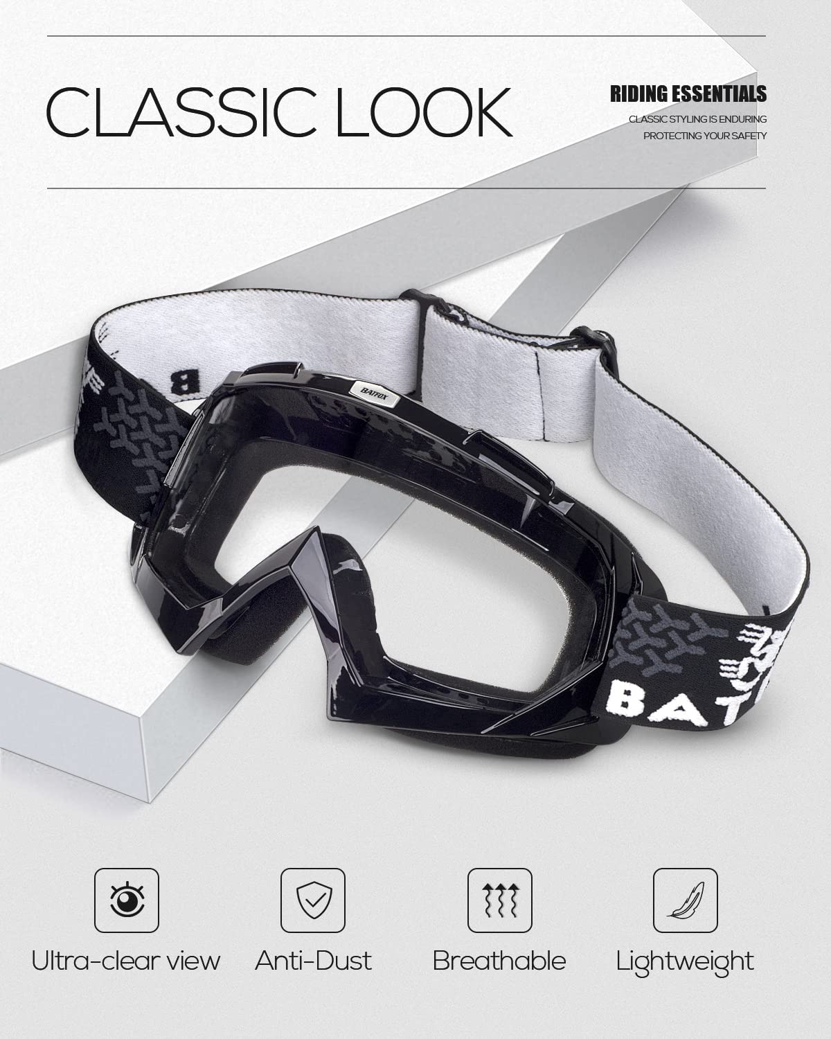 BATFOX Dirt Bike Goggles for ATV & Motorcycle Riding - UV Protection, Anti-Fog, Dust-Proof Safety Glasses for Men, Women & Youth - Clear-Black Lens with Anti-Slip Strap - Perfect for Motocross, MX, DH & 4-Wheeler Off-Road Adventures