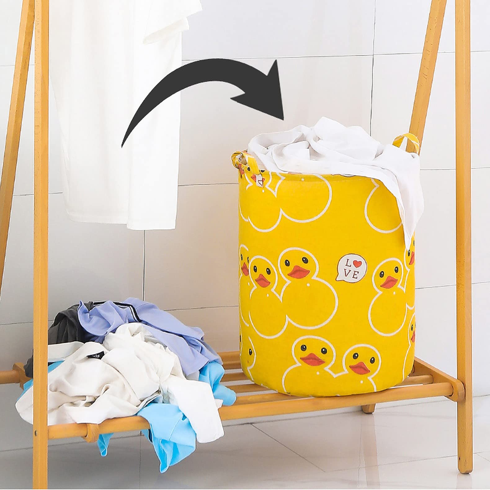 **Wolpin Waterproof Laundry Bag & Toy Storage Organizer - Foldable, Moistureproof, Large 63L Capacity with Handles - Duck Yellow Cotton - Perfect for Kids' Room, Travel & Camping**