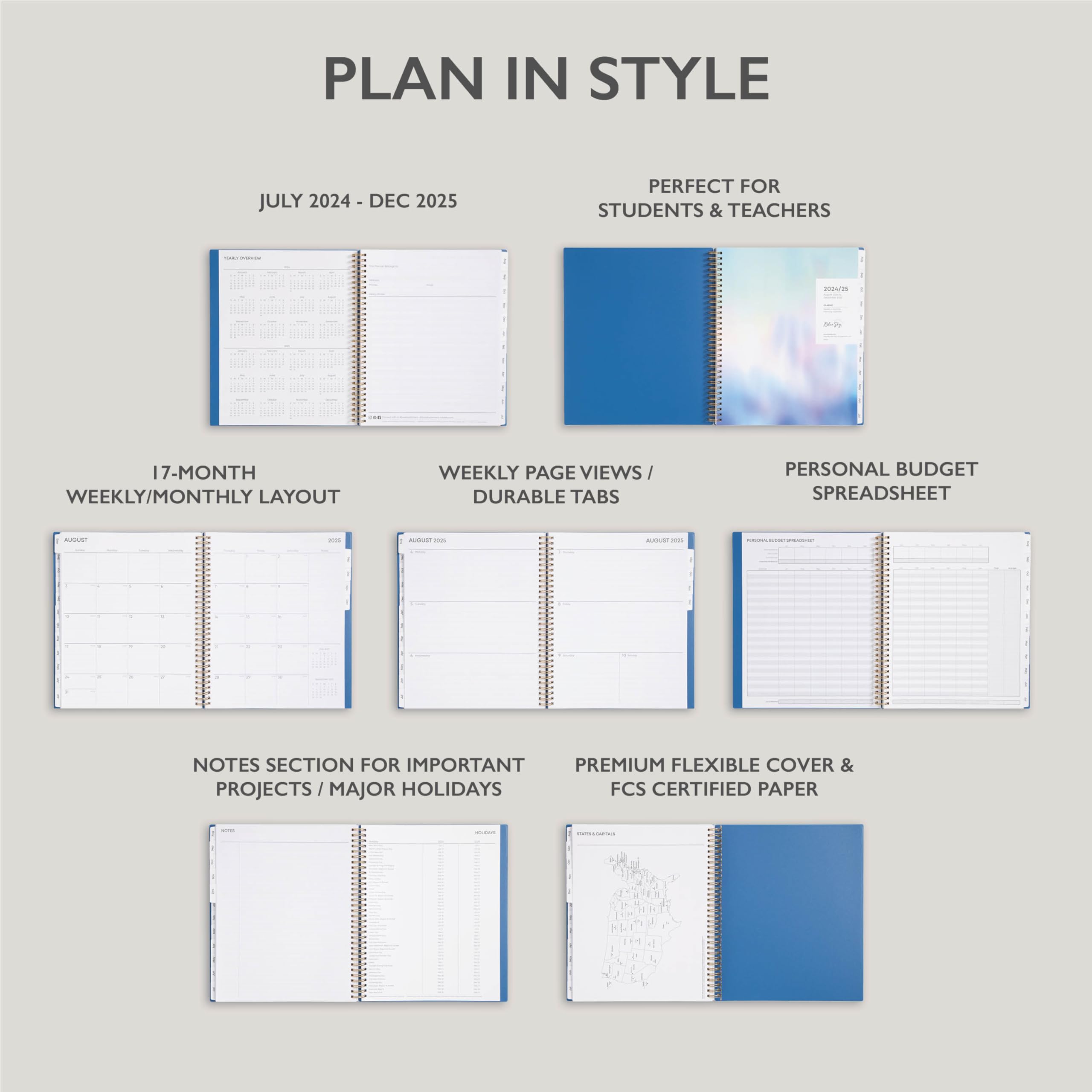 Blue Sky 17-Month Academic Planner 2024-2025 | August 2024 to December 2025 | 8.5 x 11 Inch Wirebound Organizer with Flexible Cover | Perfect for Students, Teachers & Professionals | Azure Color (150660)