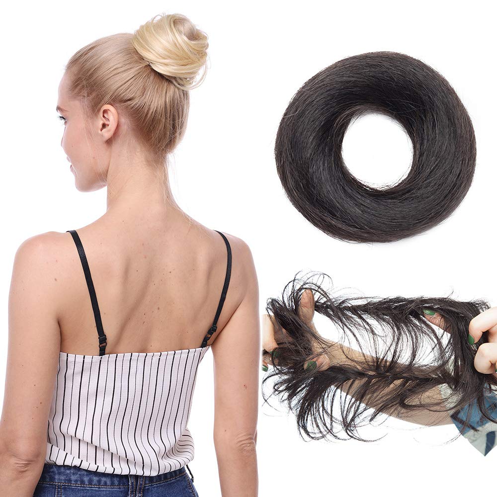 Voluminous Straight 100% Real Remy Human Hair Buns Scrunchy Updo Hair Piece Extensions - #1 Jet Black Donut Chignon for Bridal, Prom, Party & Everyday Hairstyles