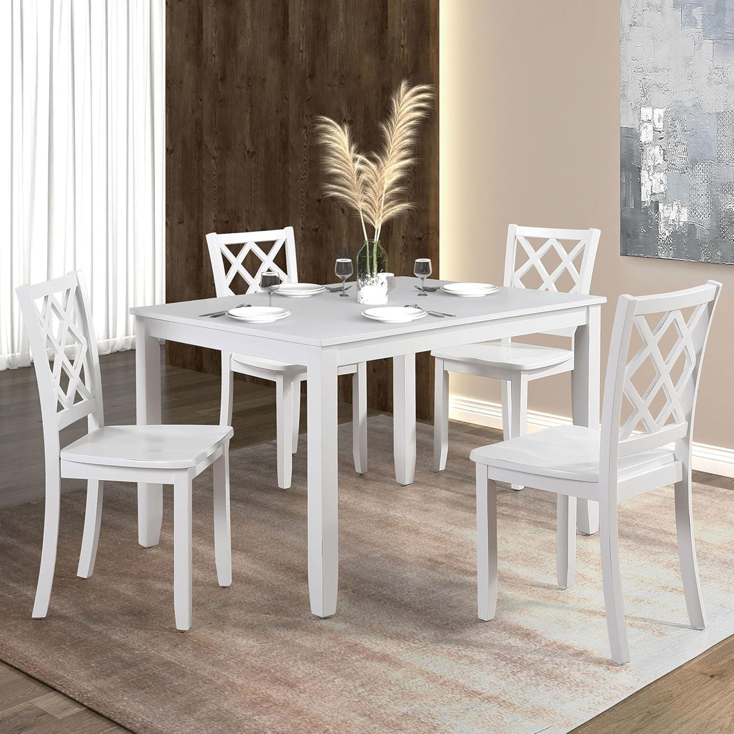 48W Solid Rubberwood 5-Piece Dining Table Set with Diamond Chair Back - Perfect for Kitchen, Dining Room, and Small Space Home Decor
