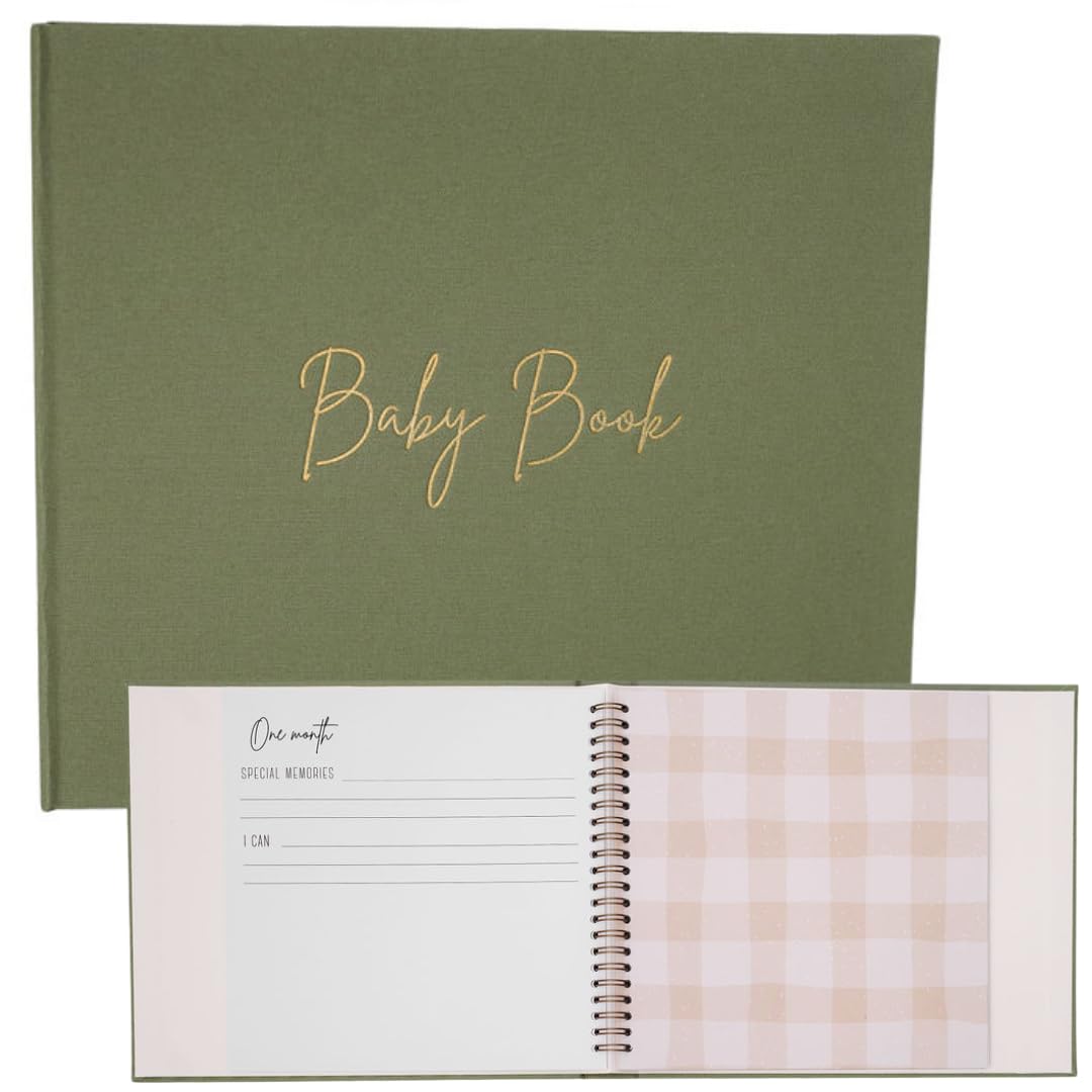 Minimalist Olive Baby Memory Book - Gender Neutral Keepsake Photo Album for New Parents | First Year Baby Journal, Baby Shower Gift & Registry Essential for Moms & Dads | Perfect for Capturing Milestones, First Photos & Special Memories