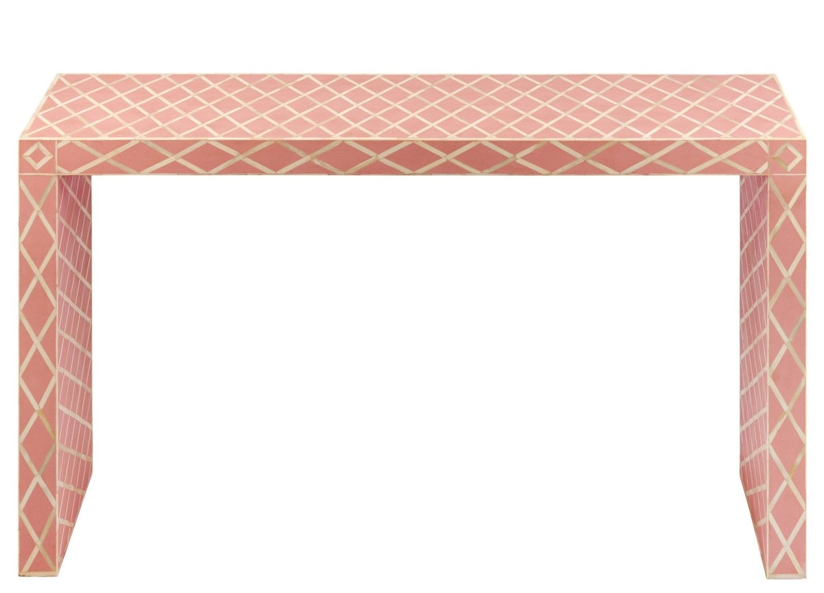 Handmade Bone Inlay Diamond Shape Pink Console Table - Elegant Entryway Furniture for Living Room, Hallway & Bedroom Decor