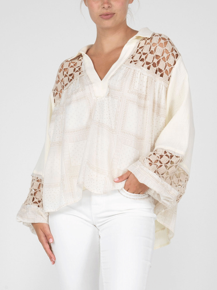 Miss Me MT2861L Women's Button Up Printed Blouse Ivory - Stylish Casual & Office Wear for Women