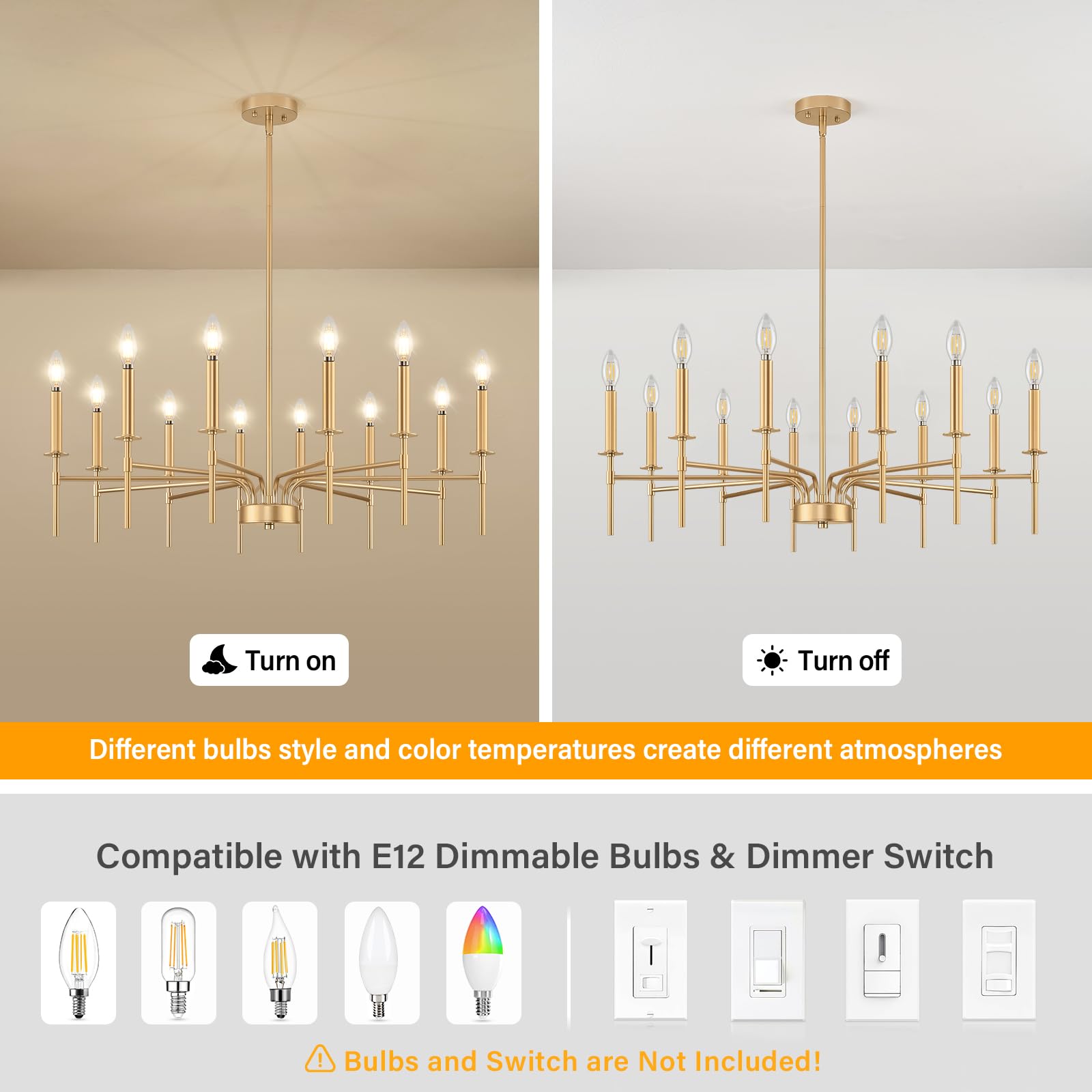 12-Light Gold Chandelier - Modern Farmhouse Dining Room Lighting Fixture with Metal Candle Pendant - Perfect for Foyer, Entryway, Stairs, Living Room, Bedroom & Kitchen Decor | Elegant Ceiling Light for Home & Wedding Venue Decoration