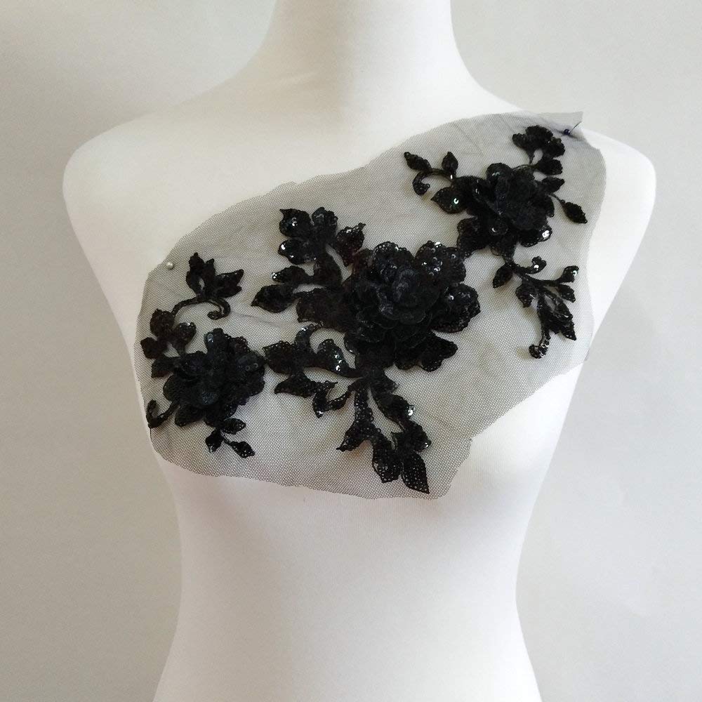 3D Embroidery Sequins Rose Patches - DIY Sewing Iron-On Appliques for Dress, Costume & Garment Decoration - Black Floral Embellishments for Performance Outfits, Dance Costumes & Fashion Design