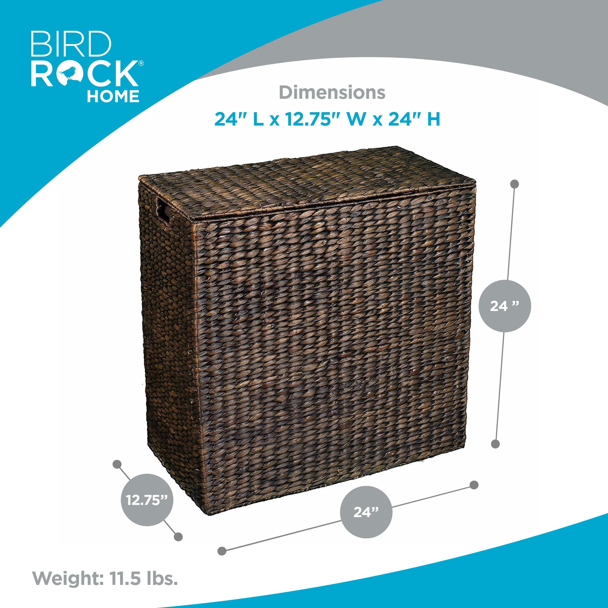 BIRDROCK HOME Handwoven Double Laundry Hamper with Removable Liner Bags & Lid - Espresso Woven Laundry Basket for College Dorm, Bathroom, Bedroom Storage | Perfect for Clothes Organization & Home Essentials