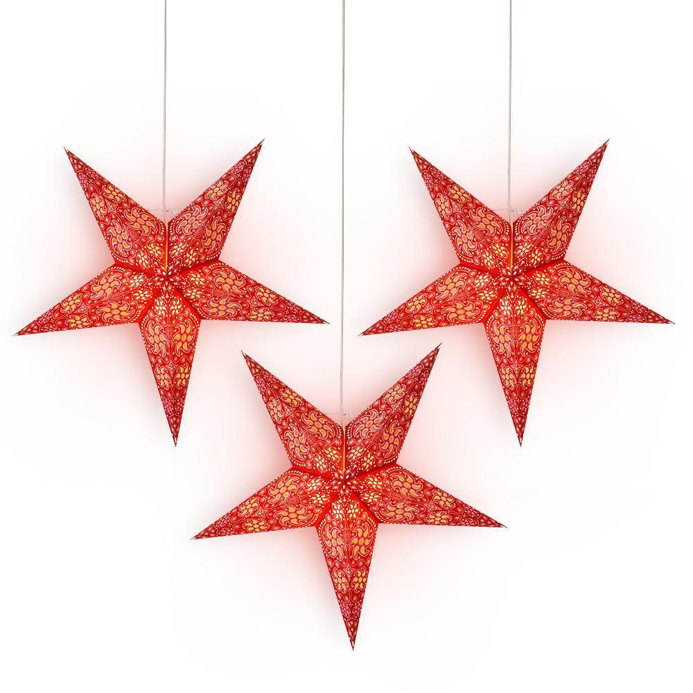 3 Pack 24 Inch Red Winds Paper Star Lantern with LED Bulbs & Lamp Cord - Hanging Party Decor for Christmas, Wedding, Garden, and Indoor Festive Lighting