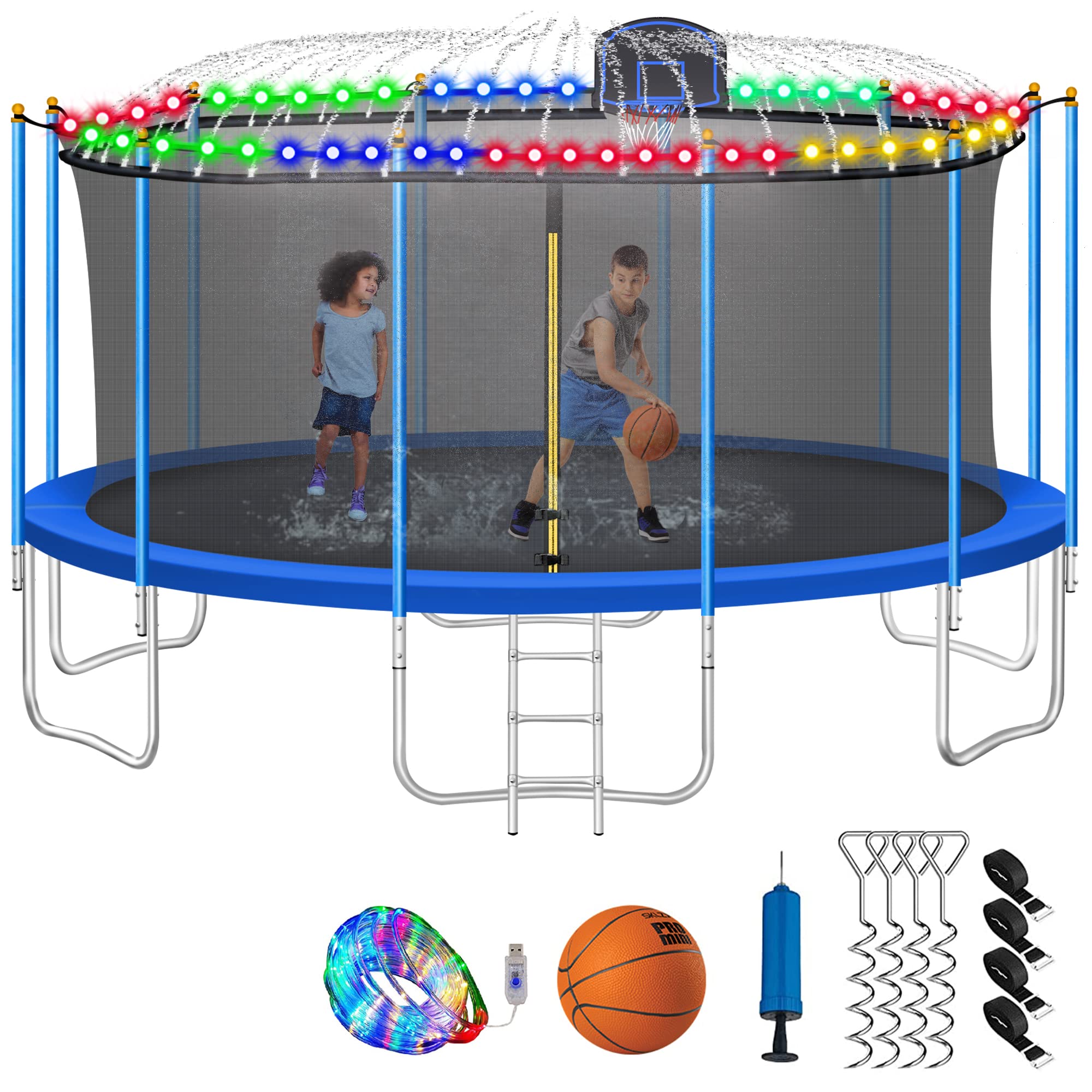 XMIKA 12FT 14FT 15FT 16FT Heavy Duty Trampoline for Adults & Kids - 1500LBS Capacity, No Gap Design with Basketball Hoop, Safety Enclosure Net, LED Lights, Anchors & Jumping Socks - ASTM/CPC/CPSIA Certified - Perfect for Backyard Fun, Family Fitness & Outdoor Recreation