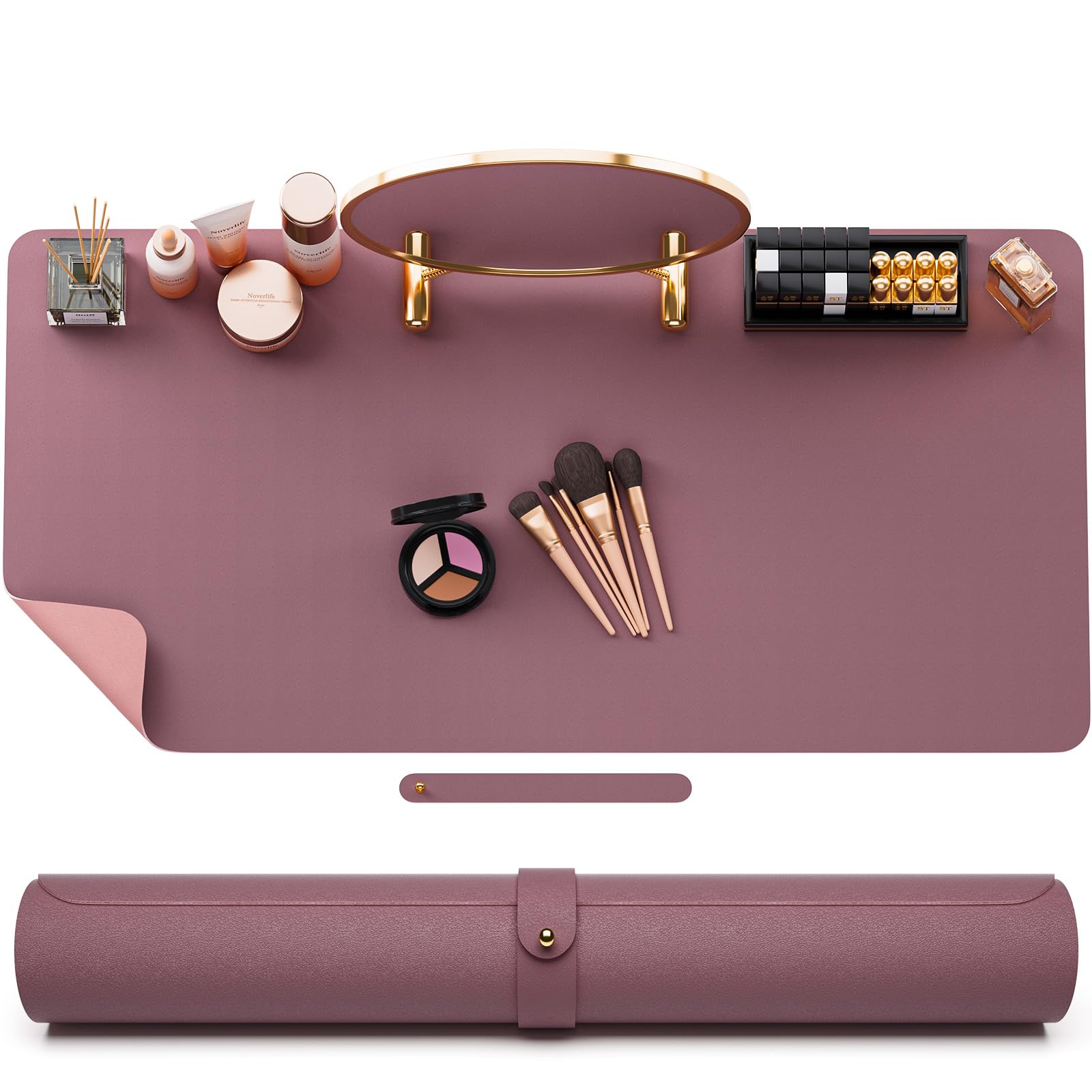 Noverlife Large Leather Makeup Table Mat - 31.5x15.7 Inch Vanity Desk Cover, Easy Clean Counter Protector for Laptop, Writing & Crafts | Waterproof Desk Pad for Home & Office (Pink & Purple) | Perfect for Beauty Stations, Work Desks & Creative Spaces