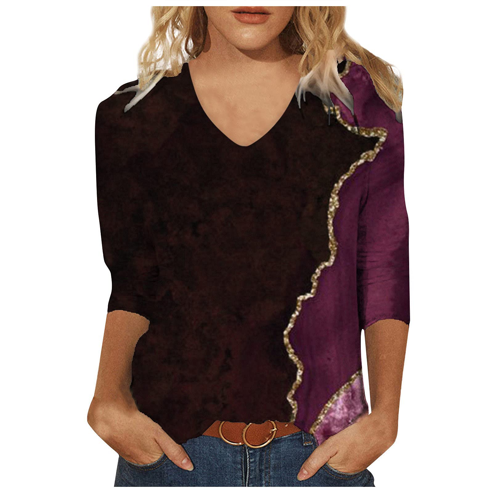 Women's Spring Printed 3/4 Sleeve V-Neck Casual T-Shirt - Floral Graphic Tee for Outfits, Date Night & Weekend Wear