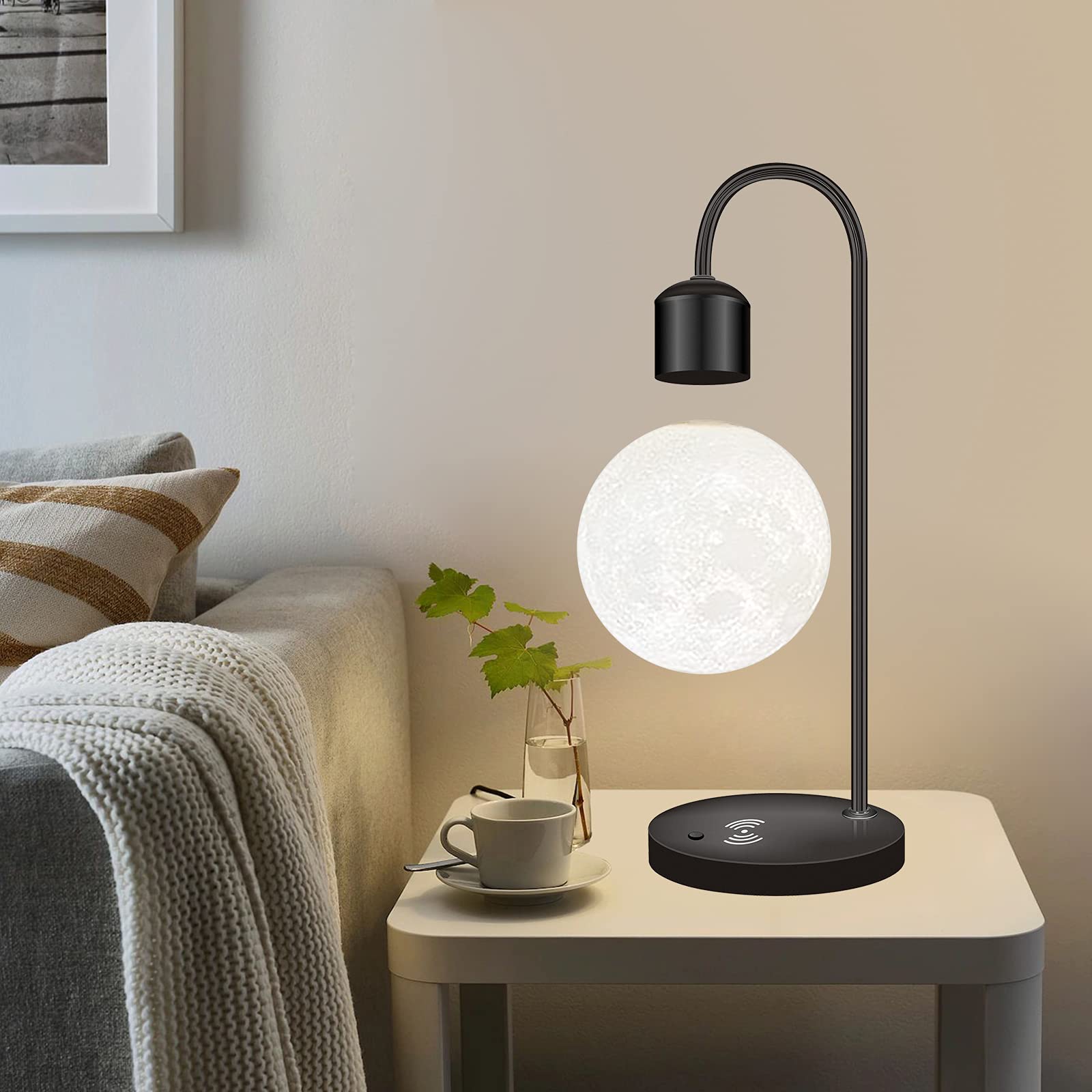Zero Gravity Floating Moon Lamp - Magnetic Levitating LED Night Light with Wireless Charging Pad, Black Plastic Desk Decor for Home, Office & Gifts | Bedroom, Living Room, Nursery Night Light