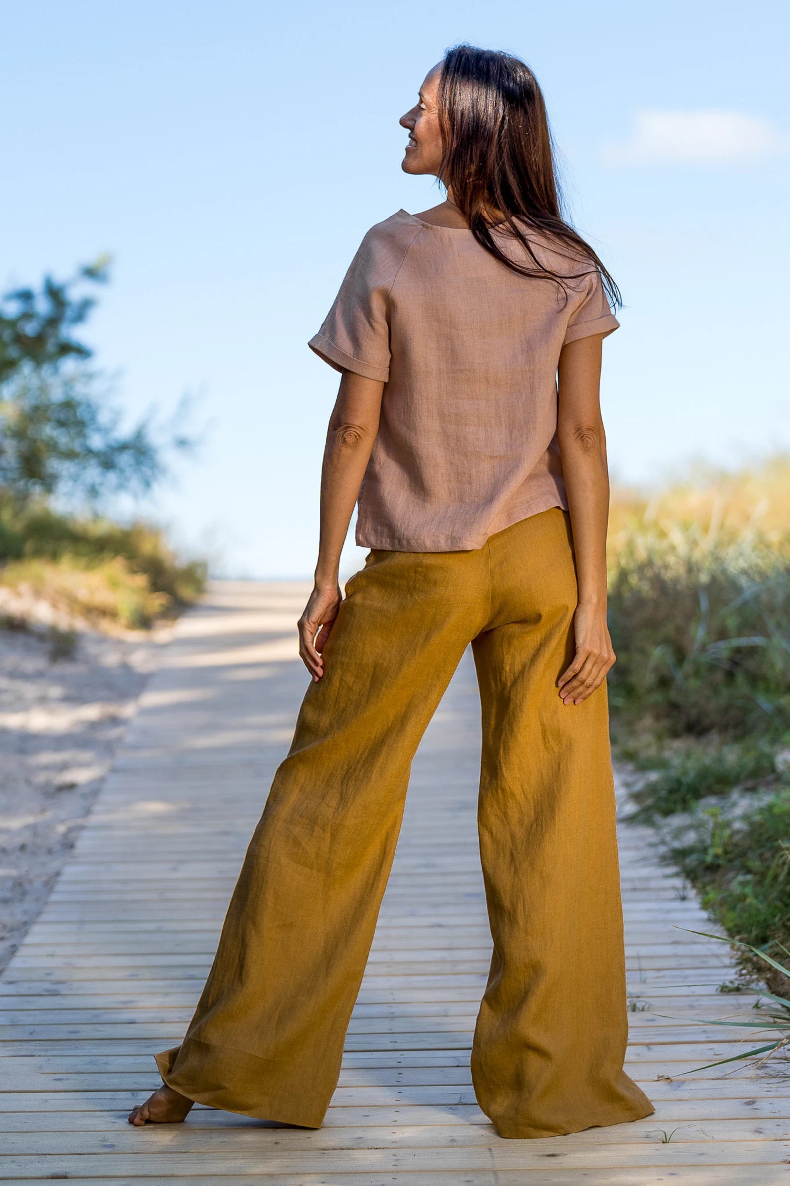 KLARA Linen Palazzo Pants for Women - Comfortable Wide Leg Trousers in Amber Yellow | Perfect for Summer, Beach, and Casual Wear