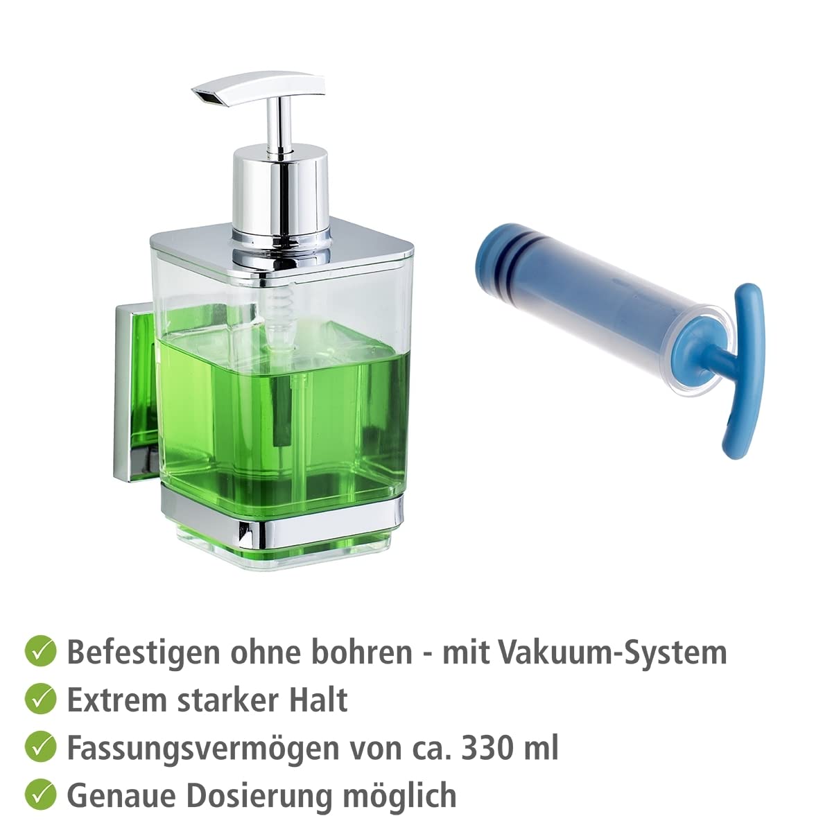 WENKO Vacuum-Loc Soap Dispenser Quadro - Stainless Steel, Silver Shiny (7.5 x 10 x 16 cm) - Perfect for Kitchen, Bathroom, and Office Hygiene