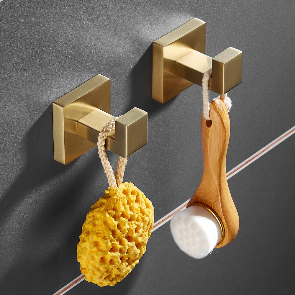 SHUNLI Brushed Gold Bathroom Towel Hooks - 4 Pack Heavy Duty Wall Hooks for Towels, Robes & Coats - Modern Square SUS304 Stainless Steel Design - Perfect for Bathroom, Kitchen, Laundry Room & Entryway Organization