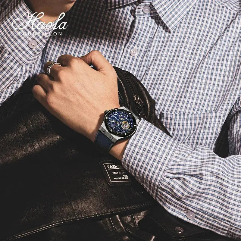 Haofa Luxury Men's Skeleton Tourbillon Mechanical Watch with Sapphire Crystal & Carbon Fiber Case - Premium 1918 Collection | Perfect for Business Meetings, Formal Events & Gift Giving