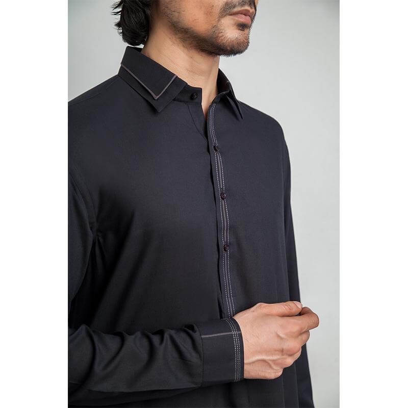 Elegant Double Collar Black Formal Shalwar Kameez for Men - Perfect for Weddings, Parties & Special Occasions