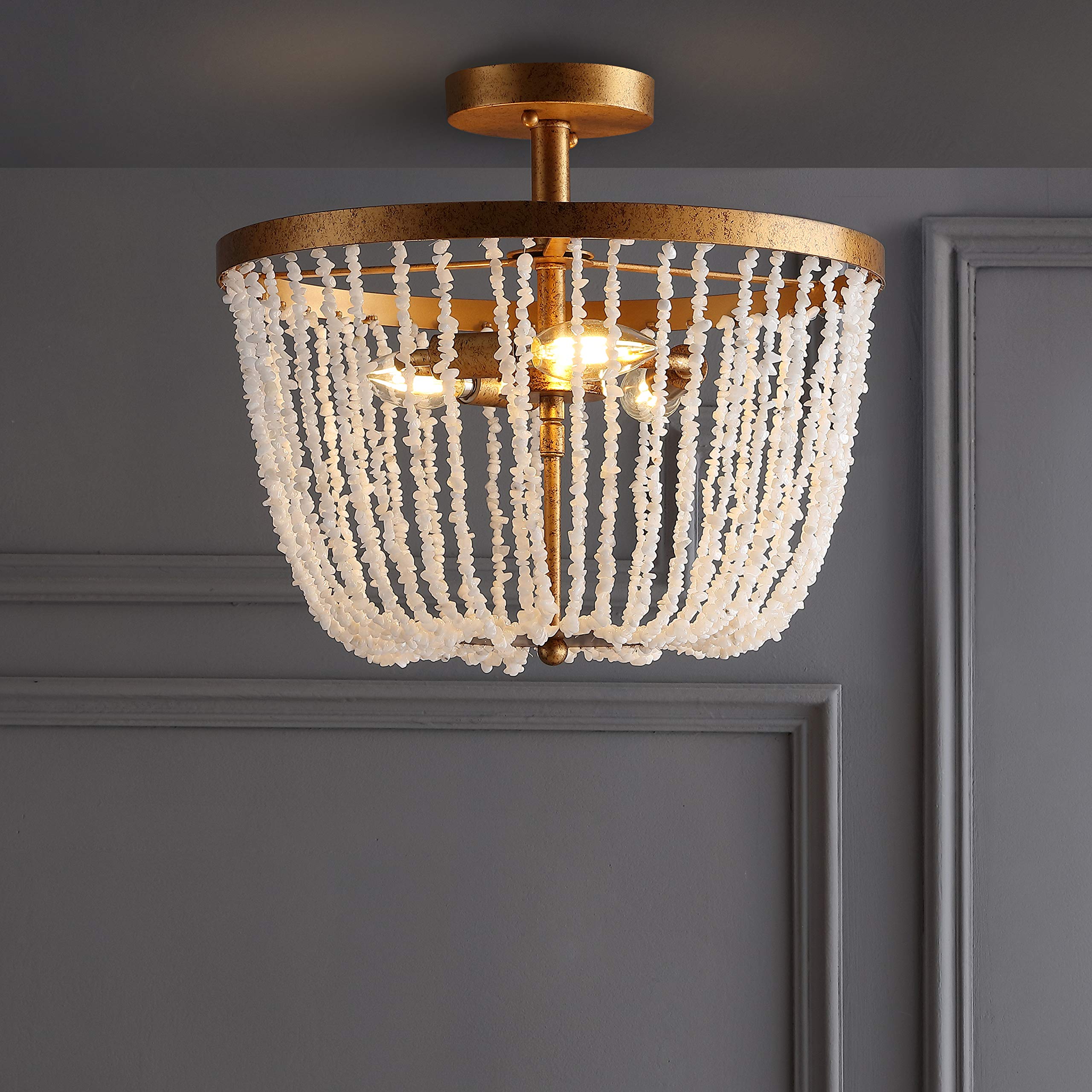 JONATHAN Y JYL9021A 15-Inch LED Flush Mount Ceiling Light - Georgian Style Stone & Metal Fixture in Antique Gold/White - Modern & Transitional Design for Living Room, Dining Room, Office, Hallway & Entryway Lighting