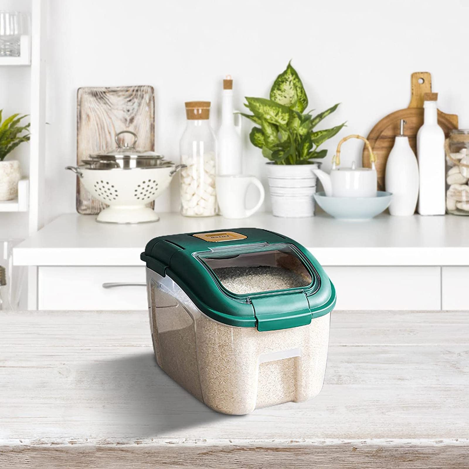 MOTOFUTURE 10kg Airtight Grain Storage Container - Sealed Rice Bin, Kitchen Food Storage Box with Measuring Cup for Beans, Corn, Oats & Rice - Perfect for Pantry Organization & Bulk Food Storage (Green)