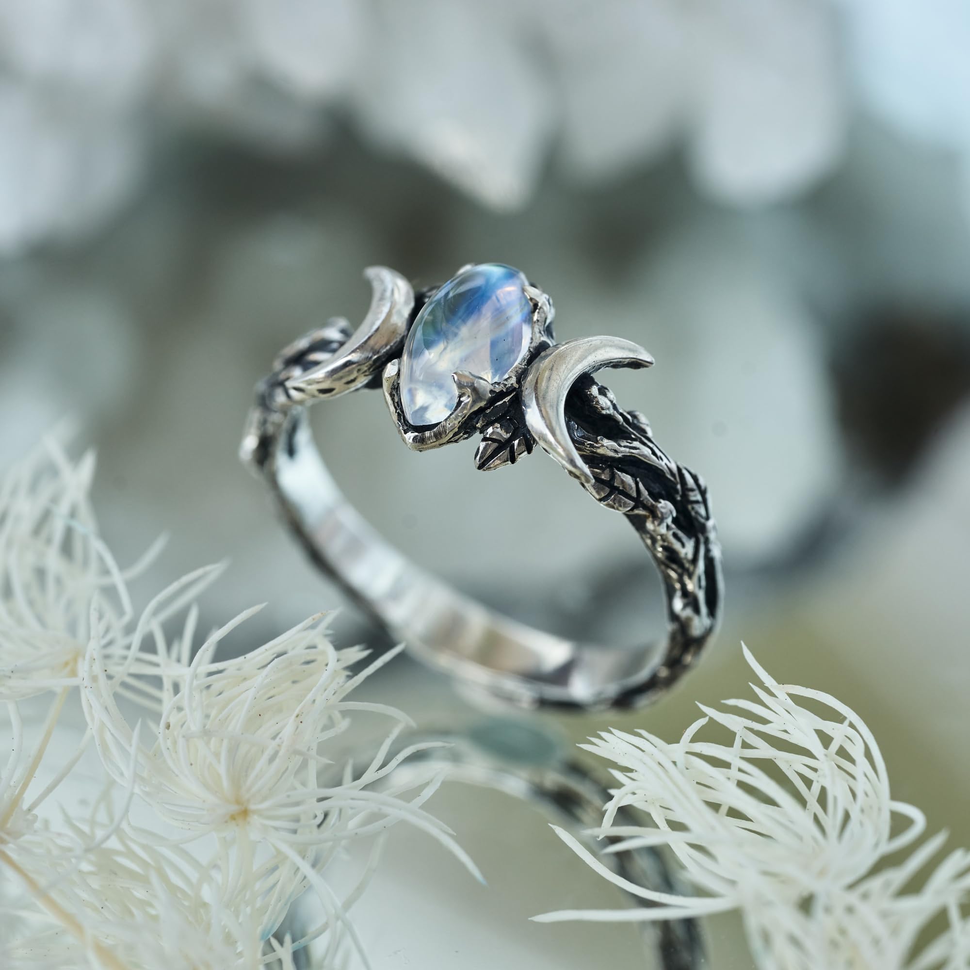 BlackTree 925 Sterling Silver Marquise Moonstone Ring – Rainbow Moonstone Celestial Jewelry for Women, Handmade Engagement Ring, Size 8 US – Perfect for Weddings, Anniversaries & Boho Fashion