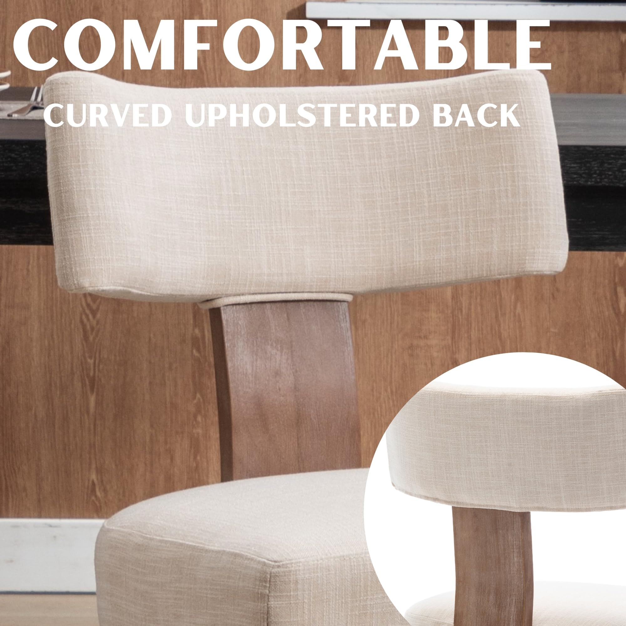 Mid Century Modern Dining Chairs Set of 2 - Upholstered Linen Fabric Kitchen Chairs with Curved Backrest & Wood Legs, Beige - Perfect for Farmhouse Dining Rooms & Cozy Breakfast Nooks