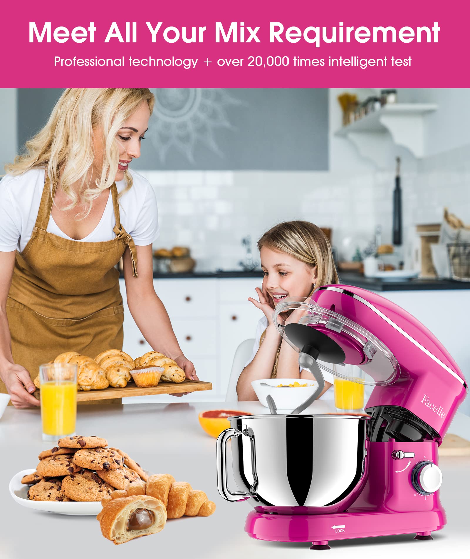 Facelle 660W 6-Speed Tilt-Head Stand Mixer with Pulse Button - 6.5QT Stainless Steel Bowl, Dough Hook, Whisk & Splash Guard - Dishwasher Safe Attachments - Purple Electric Kitchen Mixer for Baking, Cooking & Meal Prep
