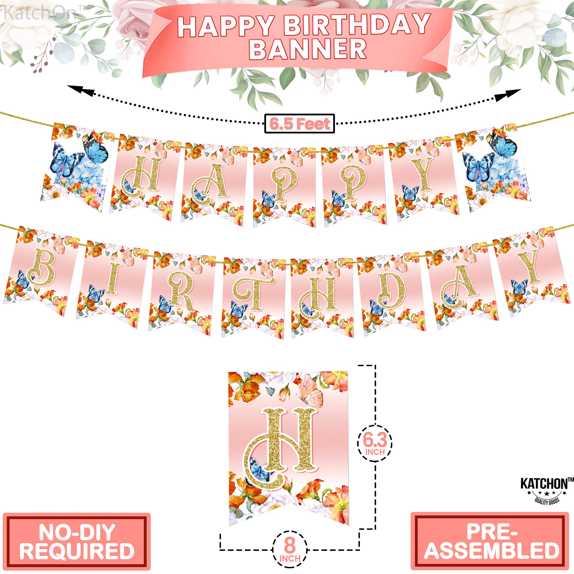 KatchOn Large Butterfly Happy Birthday Banner - Ready to Hang | Fairy & Butterfly Themed Birthday Party Decorations | Perfect for Indoor & Outdoor Birthday Celebrations, Baby Showers, and Fairy Garden Parties