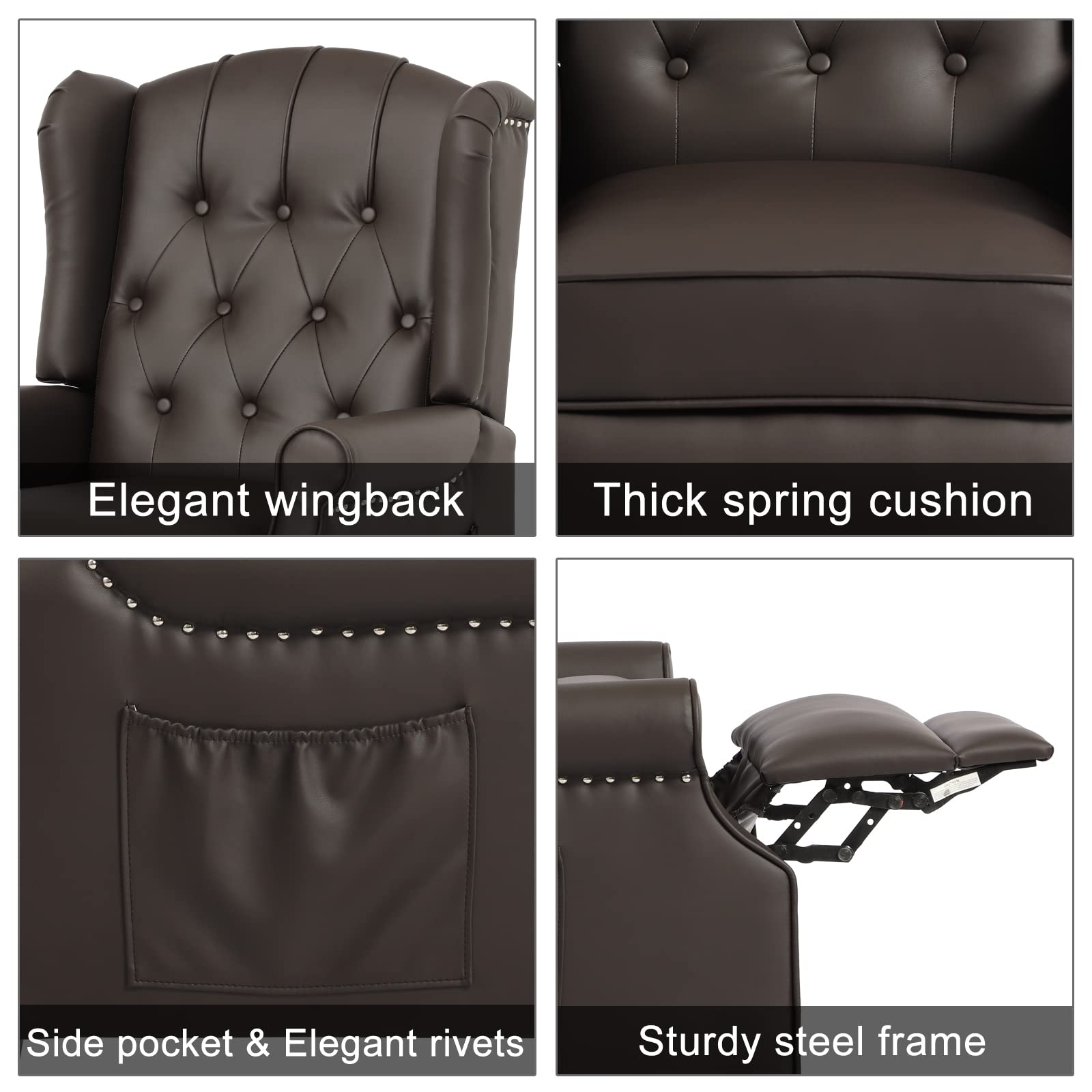 Elizabeth Vintage Style Wingback Recliner Chair - Tufted Upholstered Club Chair with Vibration Massage, Heating & Side Pockets | PU Leather Brown Living Room Accent Chair for Relaxation & Home Theater