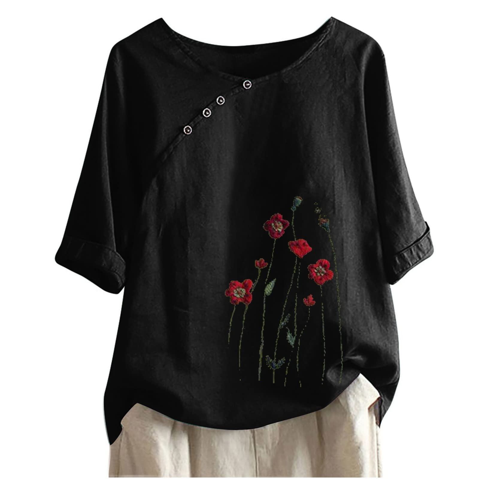 Mexican Embroidered Tops for Women - 3/4 Sleeve Plus Size Summer Blouse with Slash Neck & Button Detail | Boho Chic Loose Fit Peasant Top for Casual Wear, Vacation & Festival Outfits