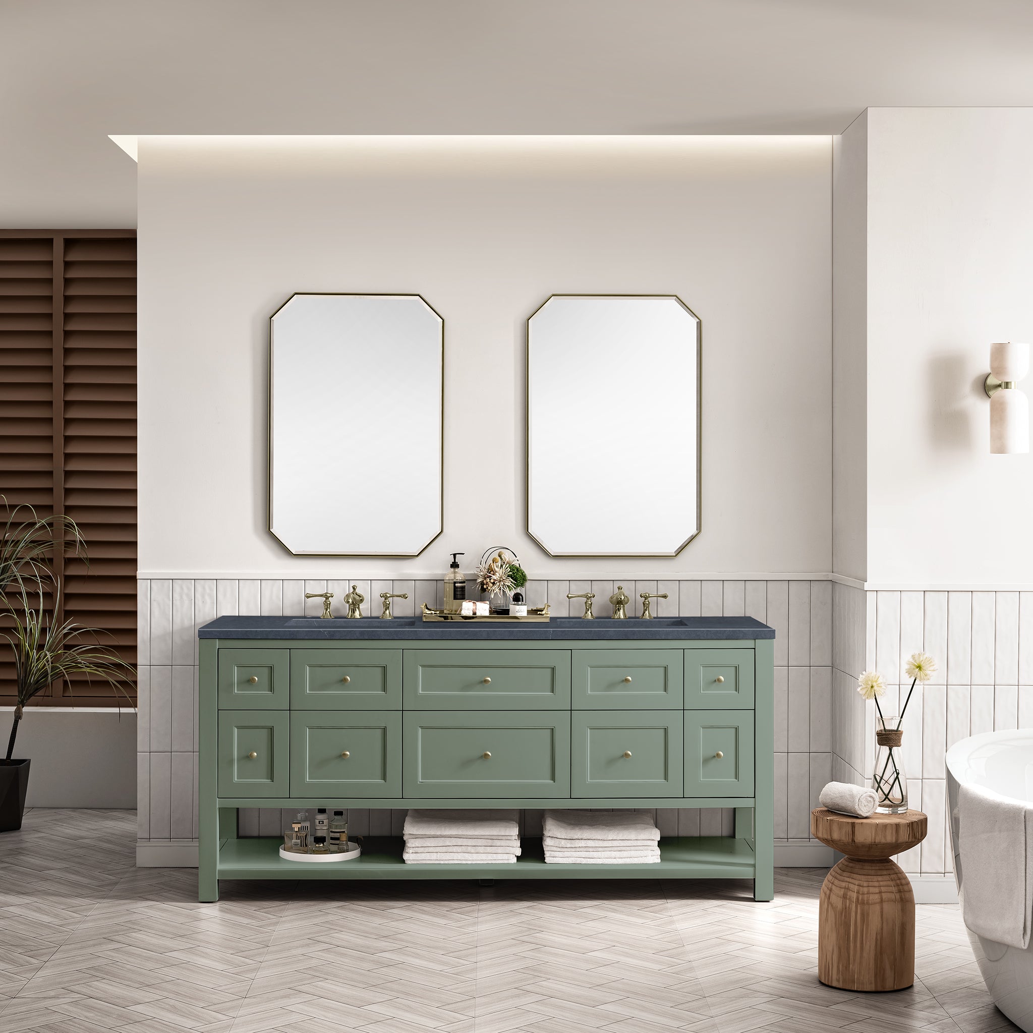 Breckenridge 72 Inch Double Vanity with Smokey Celadon Finish and 3CM Charcoal Soapstone Top - Perfect for Modern Bathroom Renovations and Master Suite Upgrades