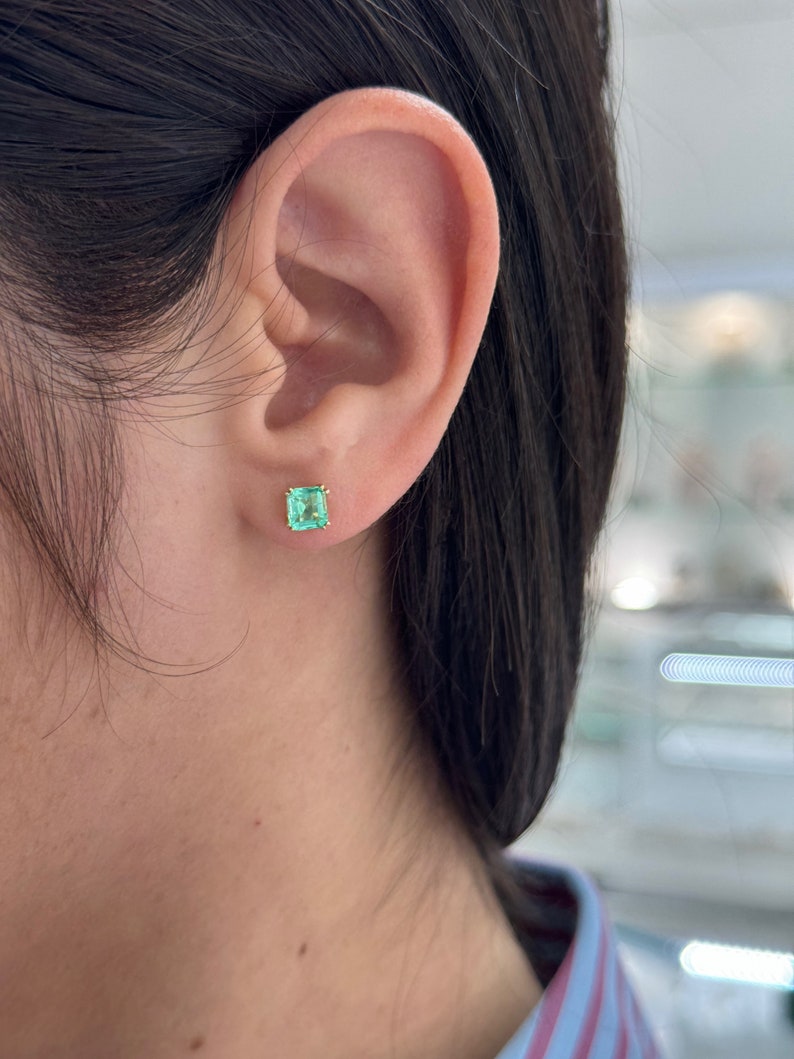 1.73tcw 14K Gold Vivid Electric Green Emerald Asscher Cut Stud Earrings - Double Claw Prong Setting for Secure Wear | Perfect for Weddings, Parties & Everyday Elegance